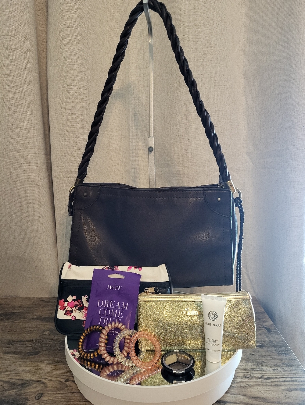 Kim Rogers Black Shoulder Bag with Gold Accent Wristlet and Floral Pouch - Picture 1 of 7